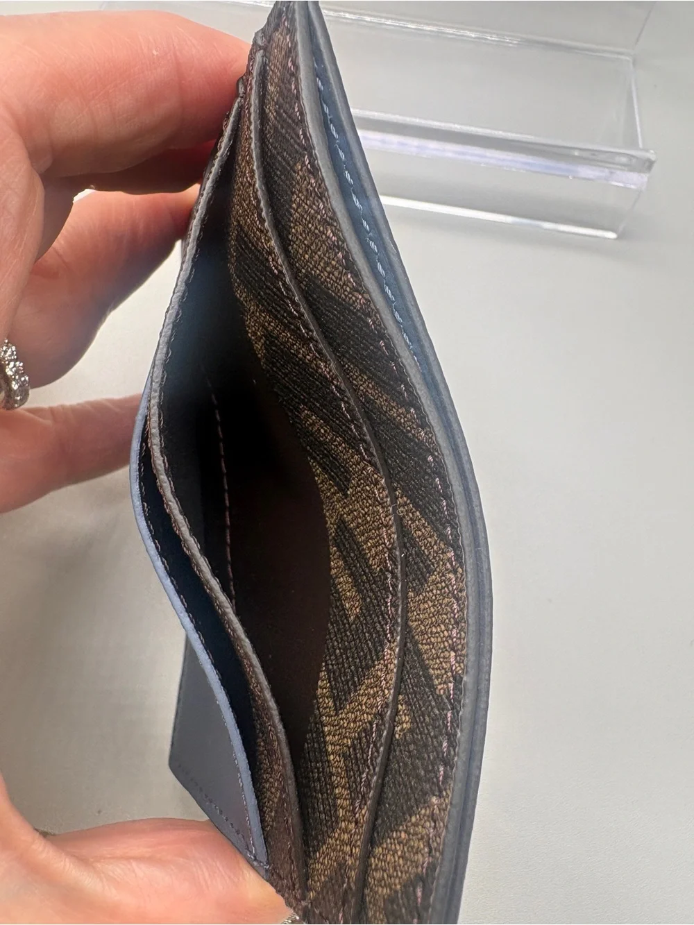 Fendi Two-Tone Blue Leather and Brown FF Logo Card Holder